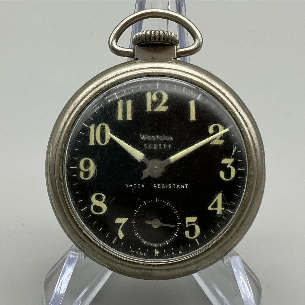 Vintage Westclox Scotty Pocket Watch Men 50mm Black Dial Manual Wind Silver Tone
